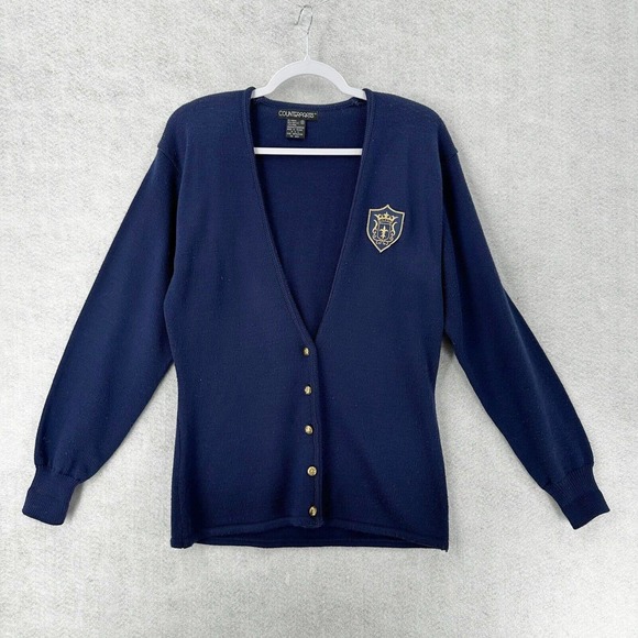 Vintage Counterparts‎ Cardigan Sweater Womens SMALL Navy Blue Crested Logo Wool - Picture 1 of 14